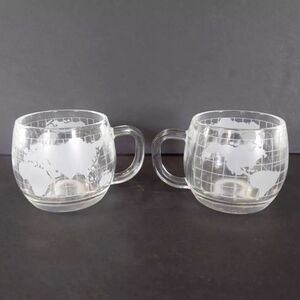 Vintage Nestle Nescafé 1970's Pair of Clear Etched Glass World Globe Coffee Mugs